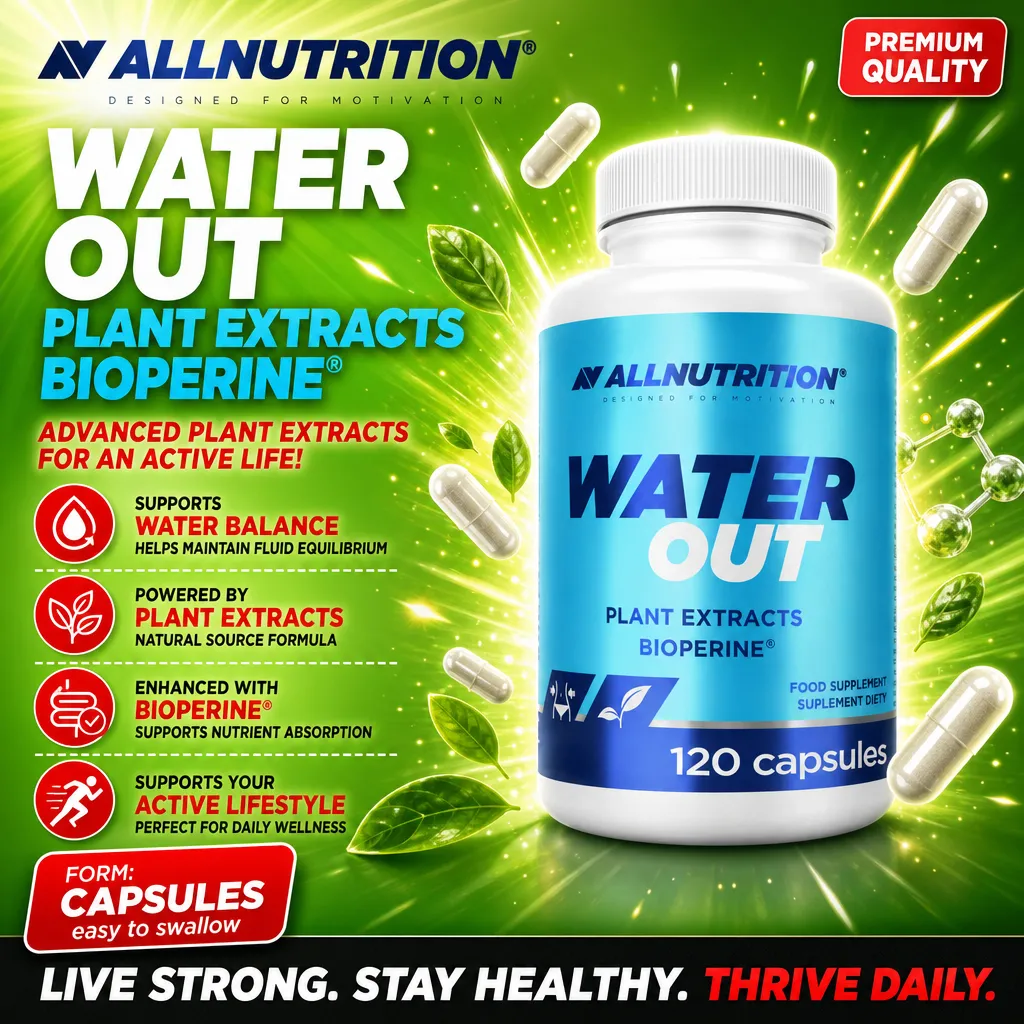 Allnutrition Water Out Plant Extracts Bioperine diuretic supplement, 120 capsules, supports water balance and active lifestyle, blue and green packaging.