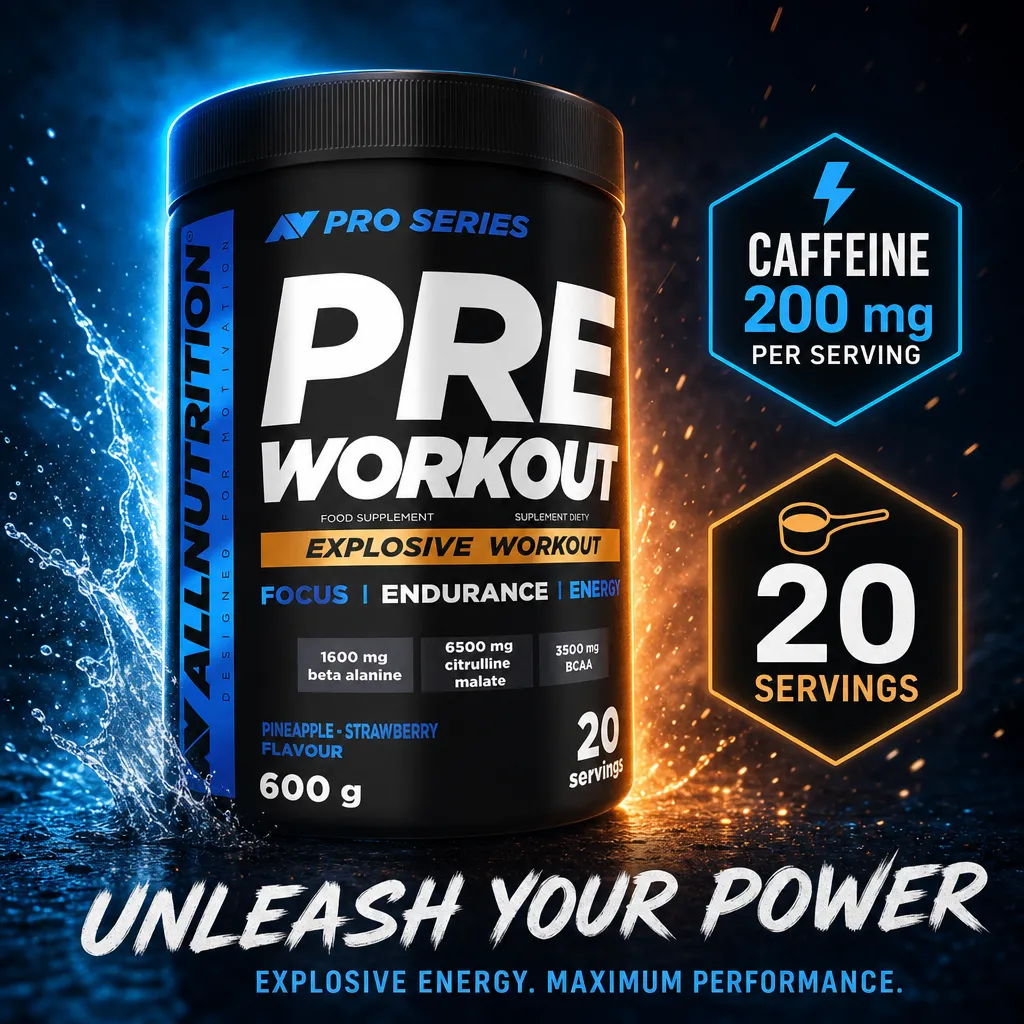 Allnutrition Pre Workout 600g pineapple-strawberry flavour supplement, featuring 200mg caffeine, 6500mg citrulline malate, 3500mg BCAA, and 1600mg beta-alanine per serving, designed for focus, endurance, and energy with 20 servings per container.