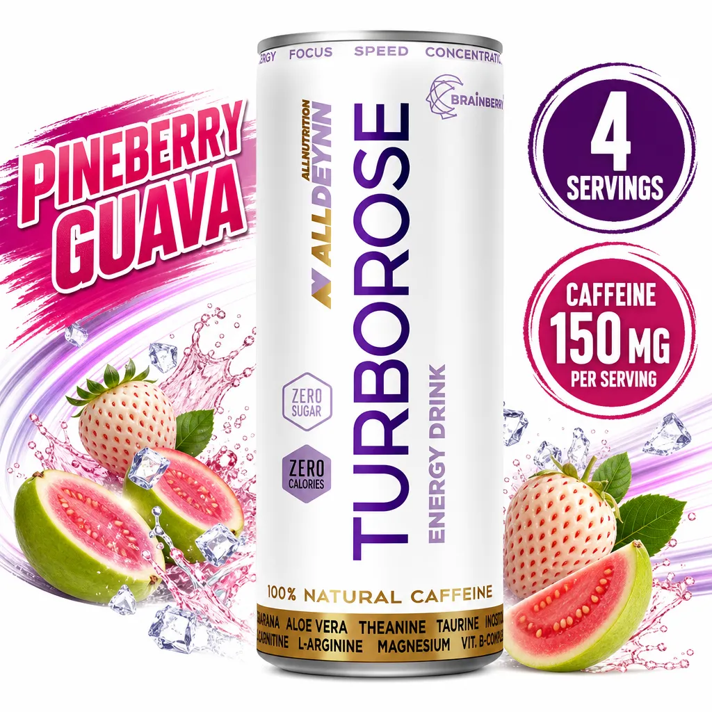 Allnutrition ALLDEYNN Turborose energy drink, Pineberry Guava flavour, 330ml can with zero sugar and 150mg caffeine