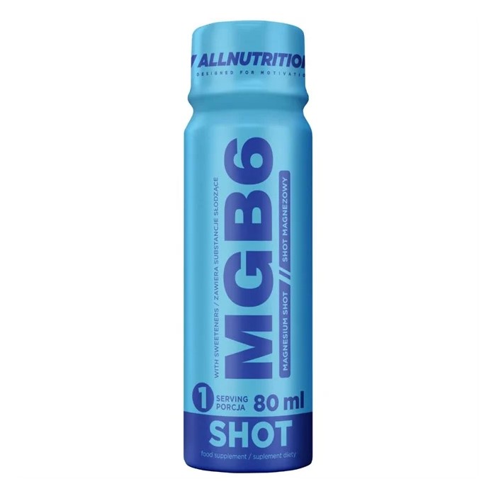Allnutrition MGB6 Shot 80ml x12 pack showing twelve small liquid supplement bottles with branded labels.