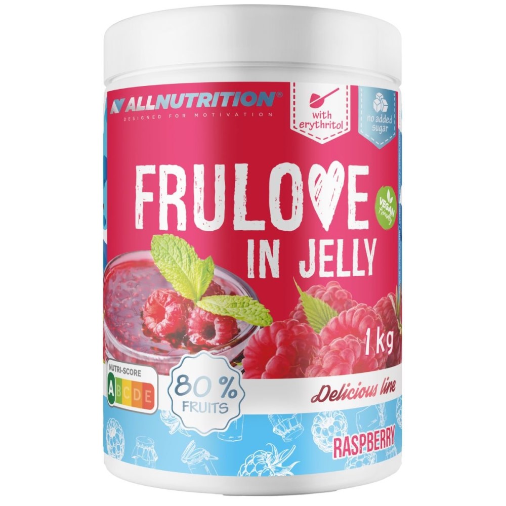 Allnutrition Frulove in Jelly 1kg raspberry fruit dessert with 80% fruits, sweetened with erythritol, vegan friendly, no added sugar, in a blue and pink container.