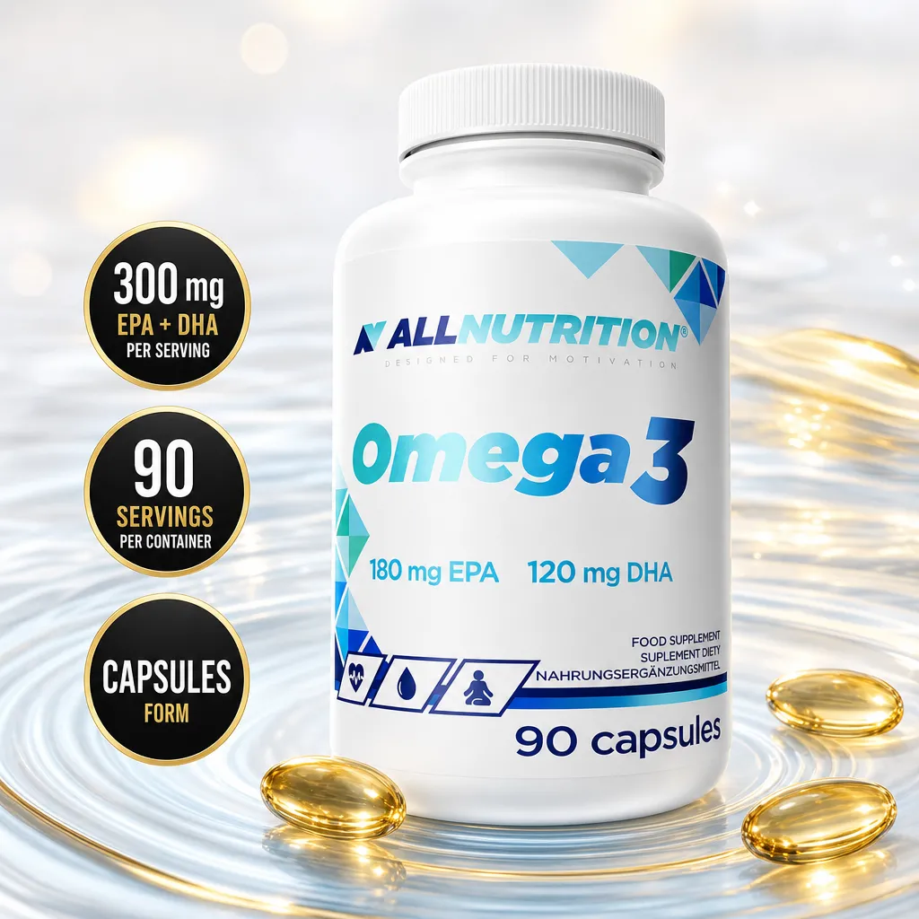 Allnutrition Omega 3 90 Caps fish oil supplement in softgel capsules, with 180 mg EPA and 120 mg DHA per serving