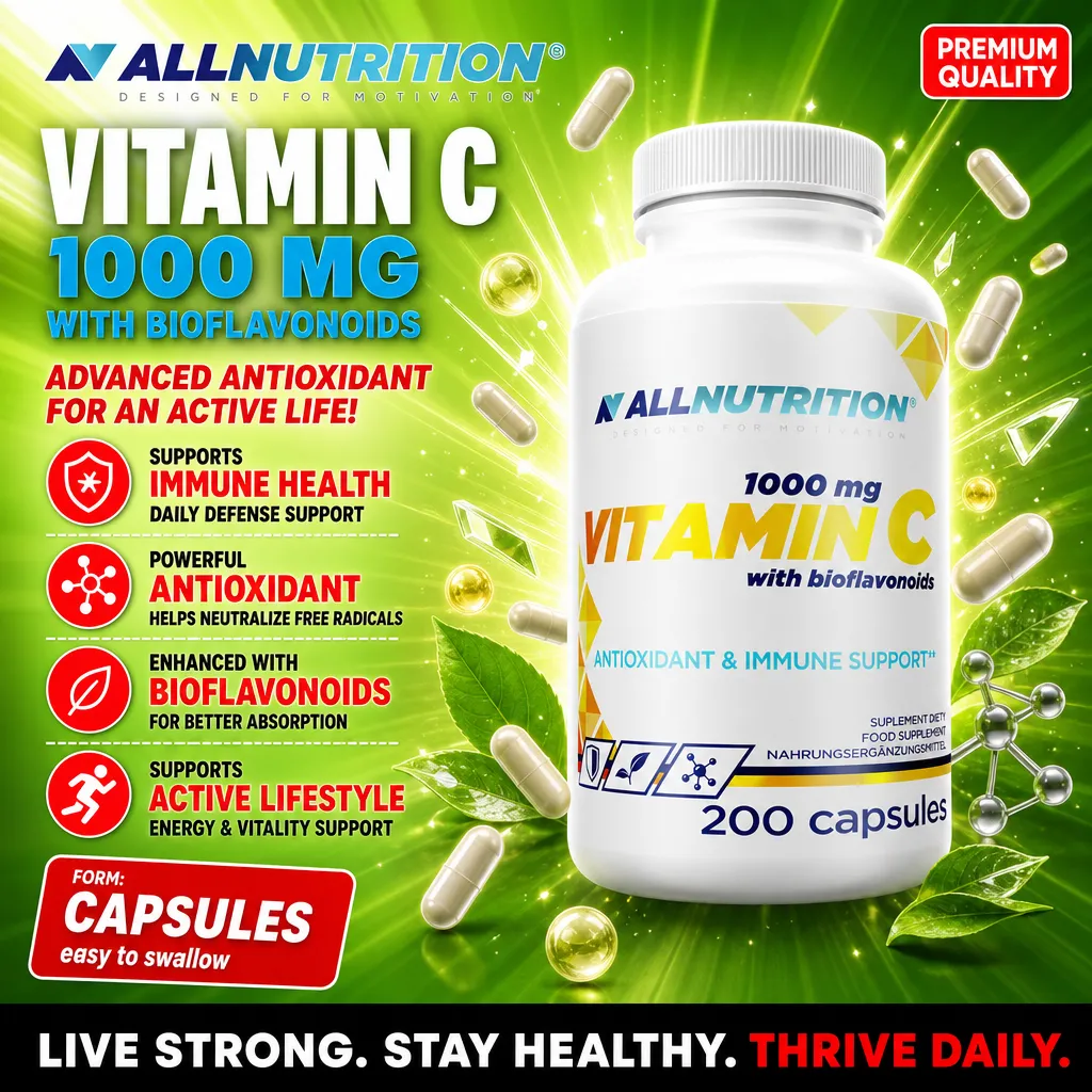 Allnutrition Vitamin C 1000 mg with Bioflavonoids, antioxidant and immune support supplement, 200 capsules, white bottle with green and yellow design.