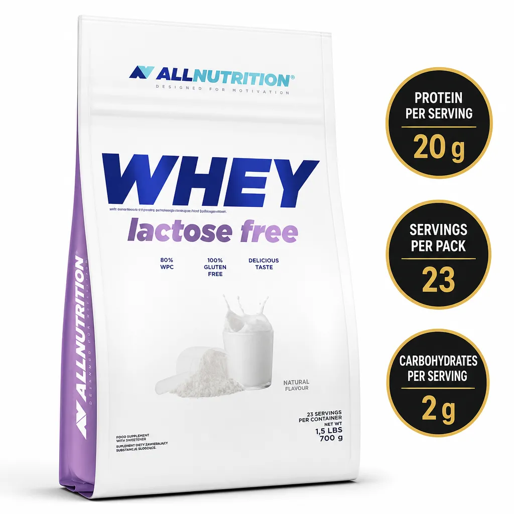 Allnutrition Whey Lactose Free Protein 700g, natural-flavour whey protein powder in a white and purple pouch