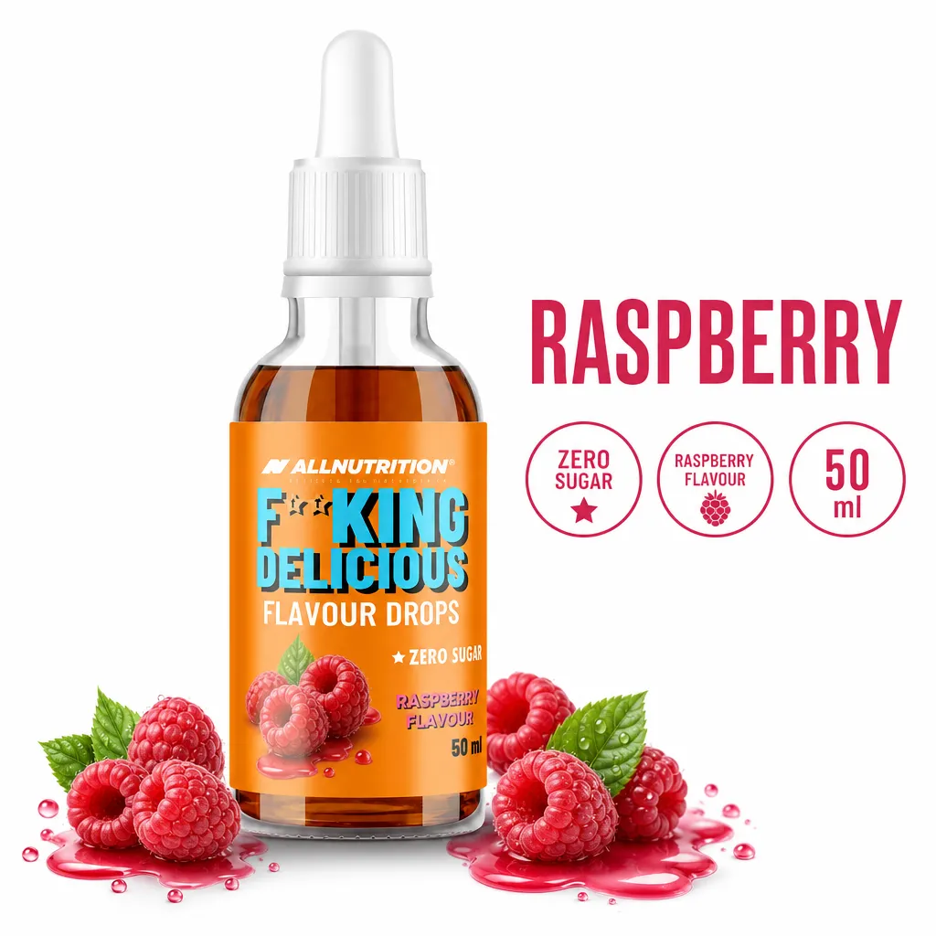 Allnutrition Fitking Delicious Flavour Drops, 50ml raspberry-flavoured liquid drops in a dropper bottle with zero sugar