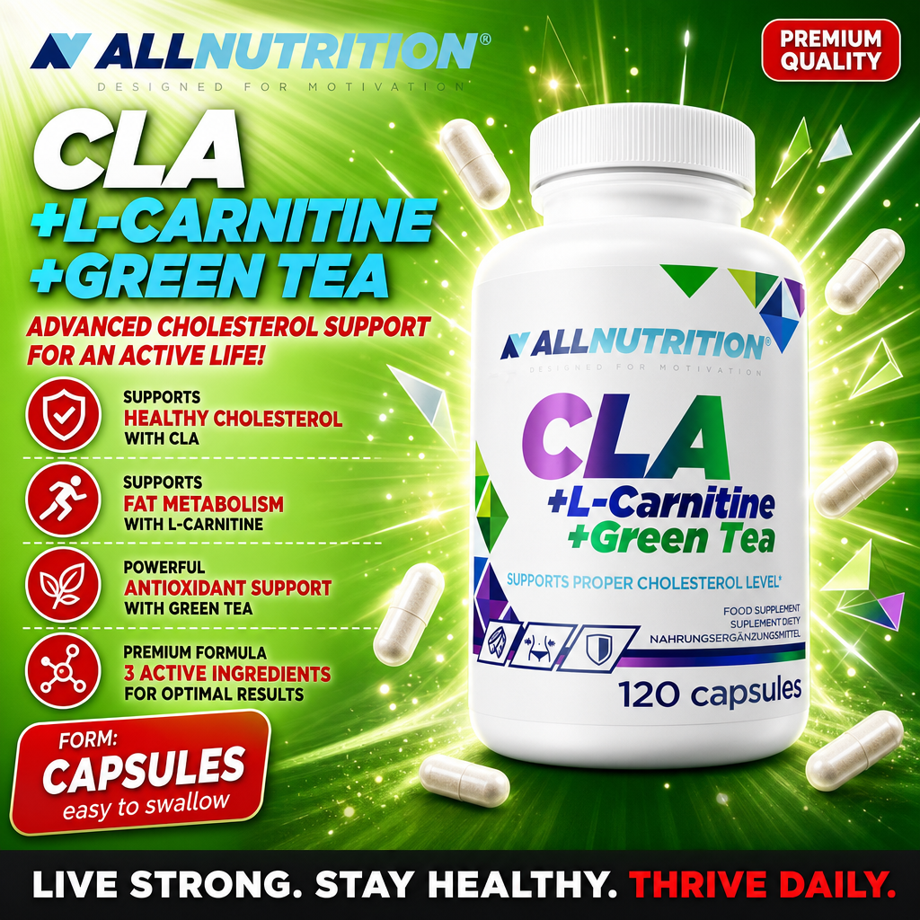 Allnutrition CLA + L-Carnitine + Green Tea dietary supplement, 120 capsules, supports cholesterol, fat metabolism, and antioxidant protection, white bottle with green and blue accents.