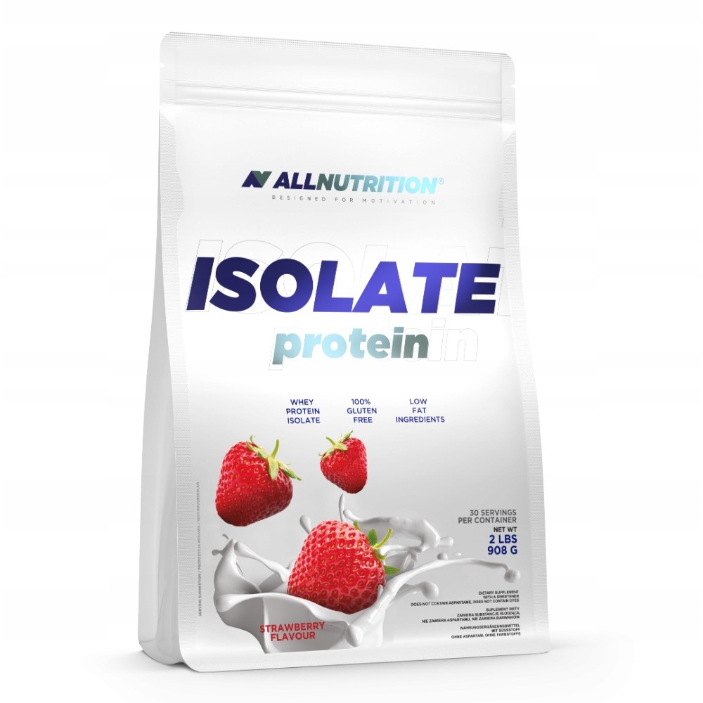 Allnutrition Isolate Protein 908g whey protein powder in a branded resealable pouch, white and blue packaging