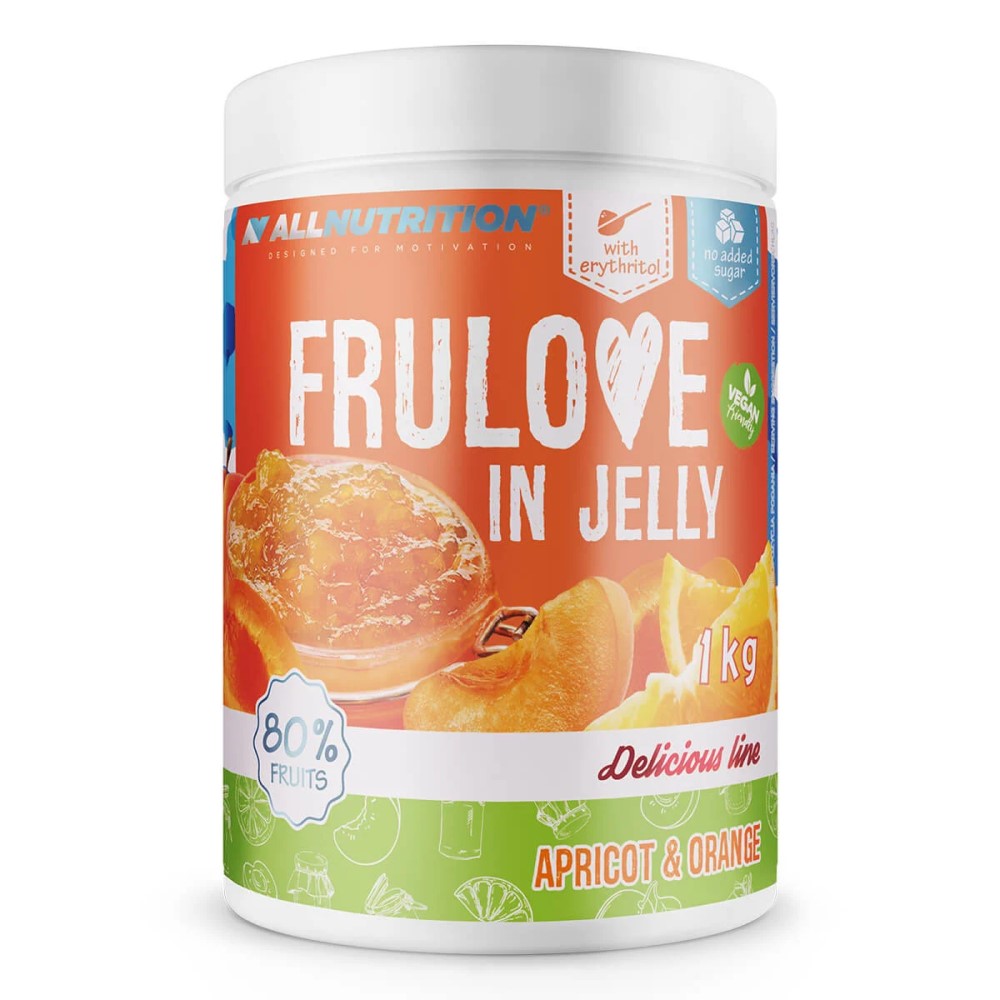 Allnutrition Frulove In Jelly 1000g Apricot & Orange in a large jar, showing vibrant orange jelly with visible apricot and orange pieces.