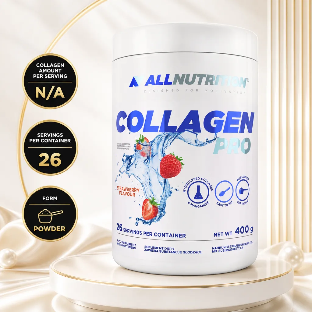 Allnutrition Collagen Pro 400g hydrolysed collagen powder in strawberry flavour, with 26 servings per container