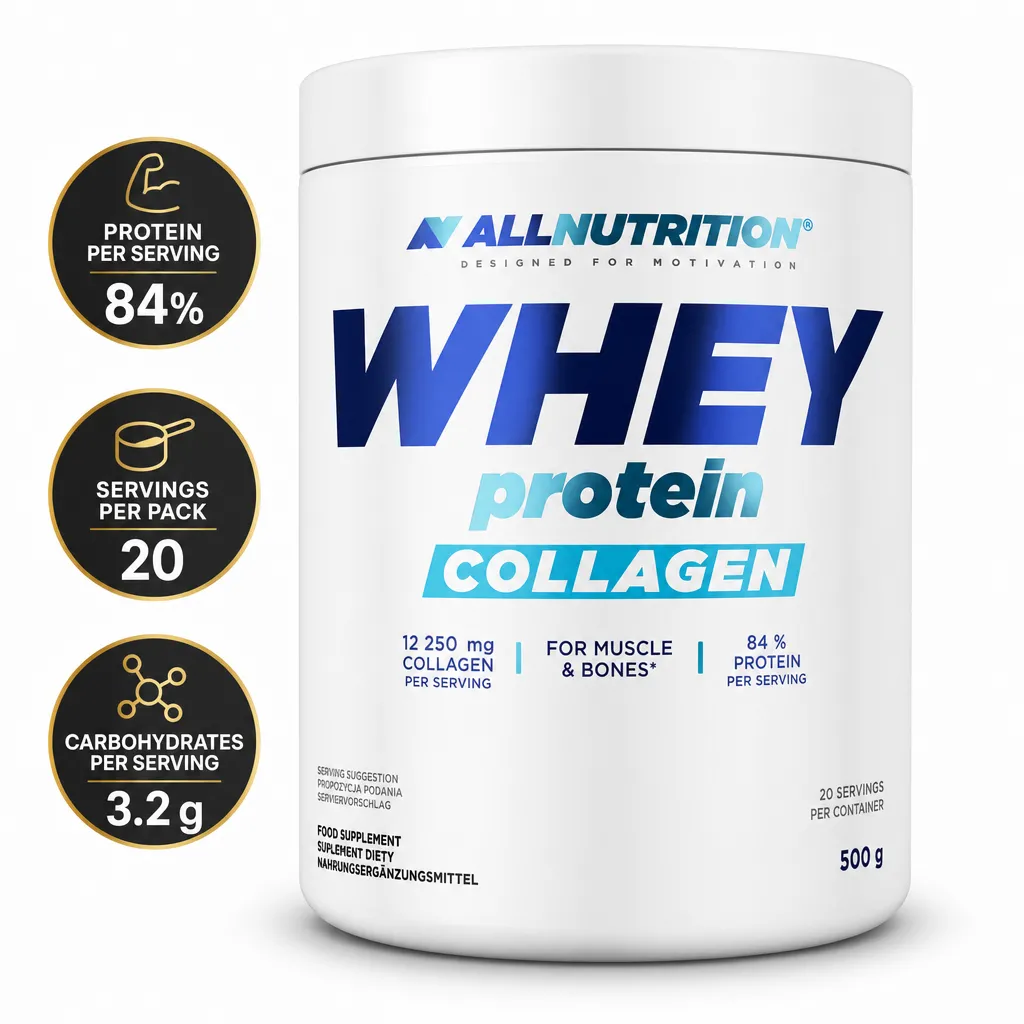 Allnutrition Whey Protein Collagen 500g protein supplement powder in a white tub, with 84% protein and 20 servings