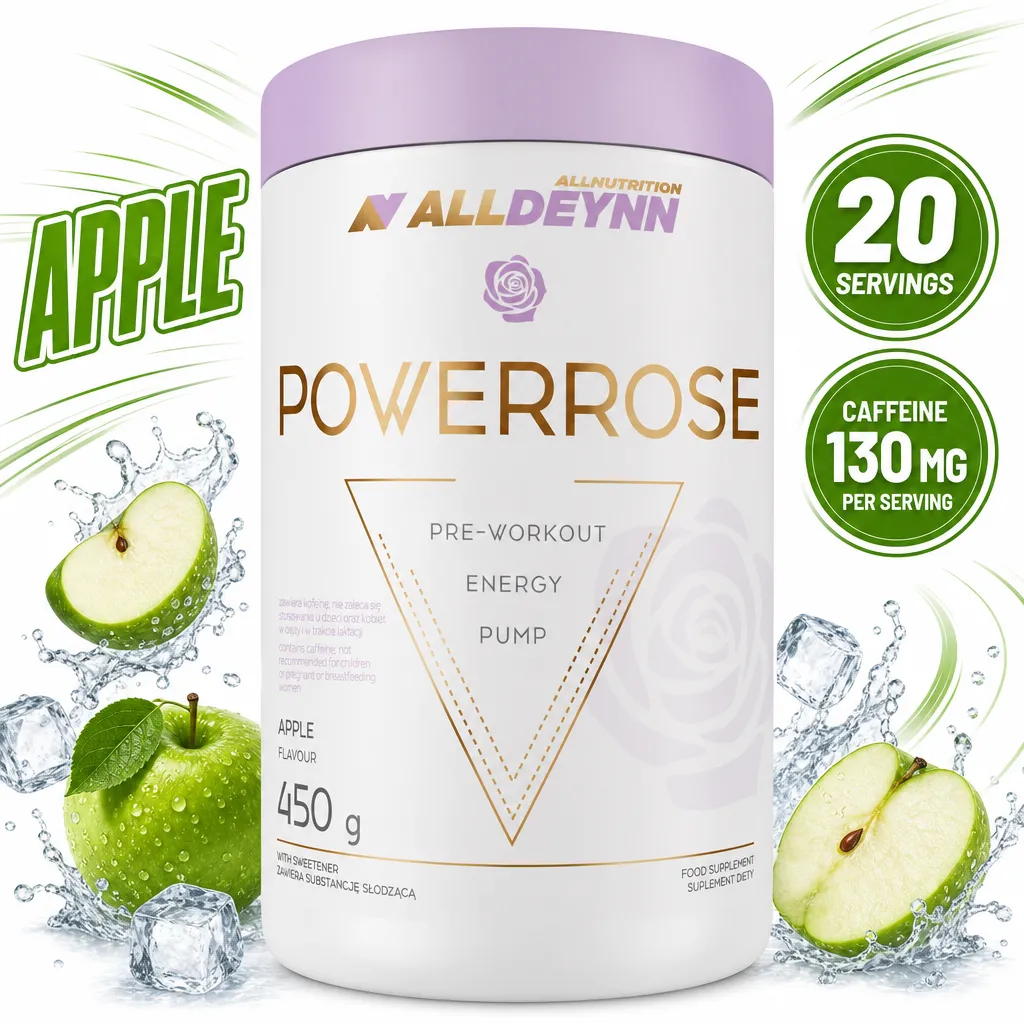Allnutrition ALLDEYNN Powerrose 450g apple-flavour pre-workout supplement in a white tub with 20 servings