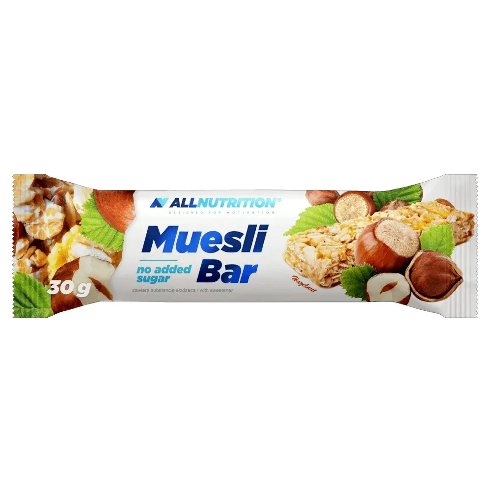 AllNutrition Muesli Bar hazelnut flavour 30g, no added sugar, muesli snack bar with visible hazelnuts and grains on white packaging.