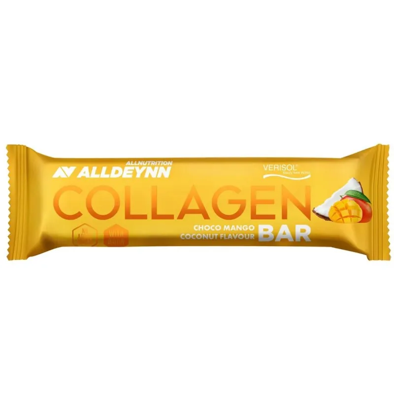 Allnutrition ALLDEYNN Collagen Bar Mango Coconut is a 40g beauty snack bar with Verisol collagen peptides, hyaluronic acid, biotin, and a choco mango coconut flavour.