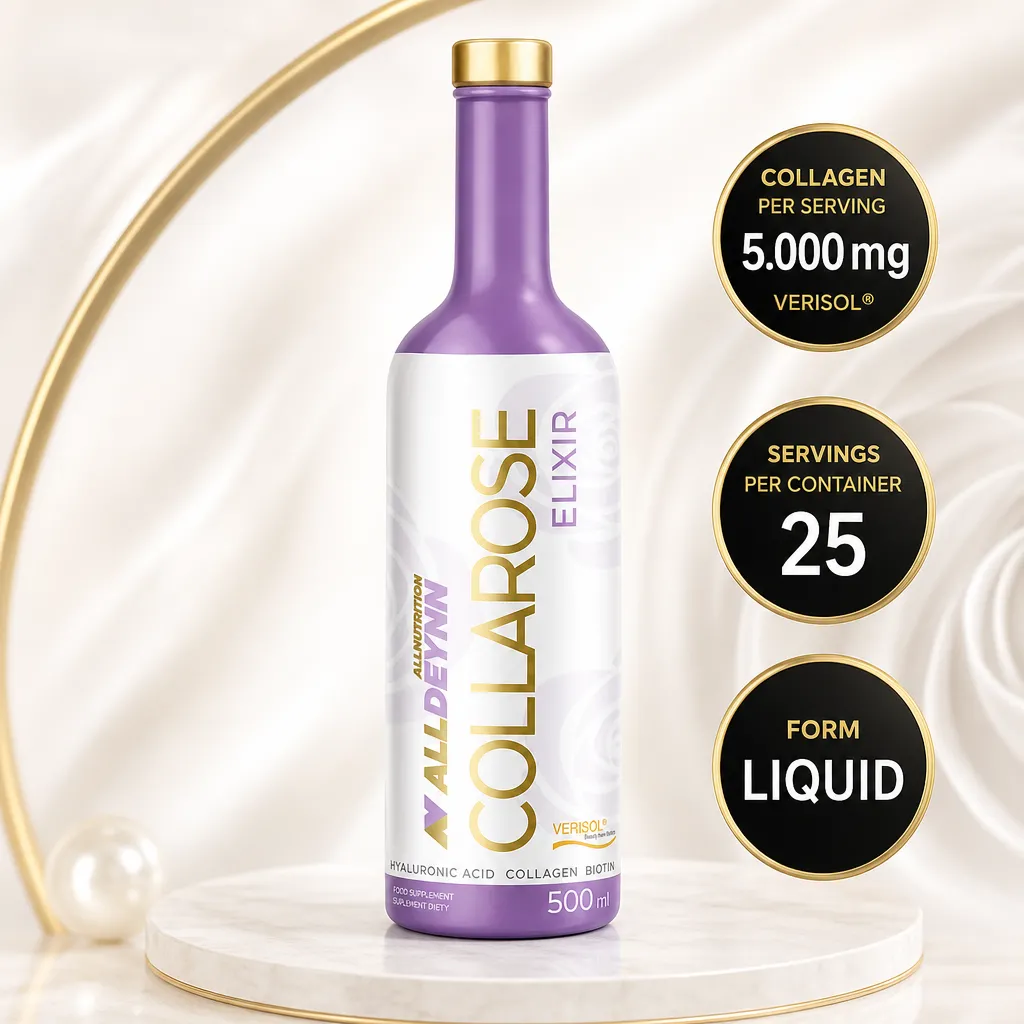 Allnutrition ALLDEYNN Collarose Elixir 500ml liquid collagen beauty supplement with hyaluronic acid, biotin and vitamin C in a purple bottle.