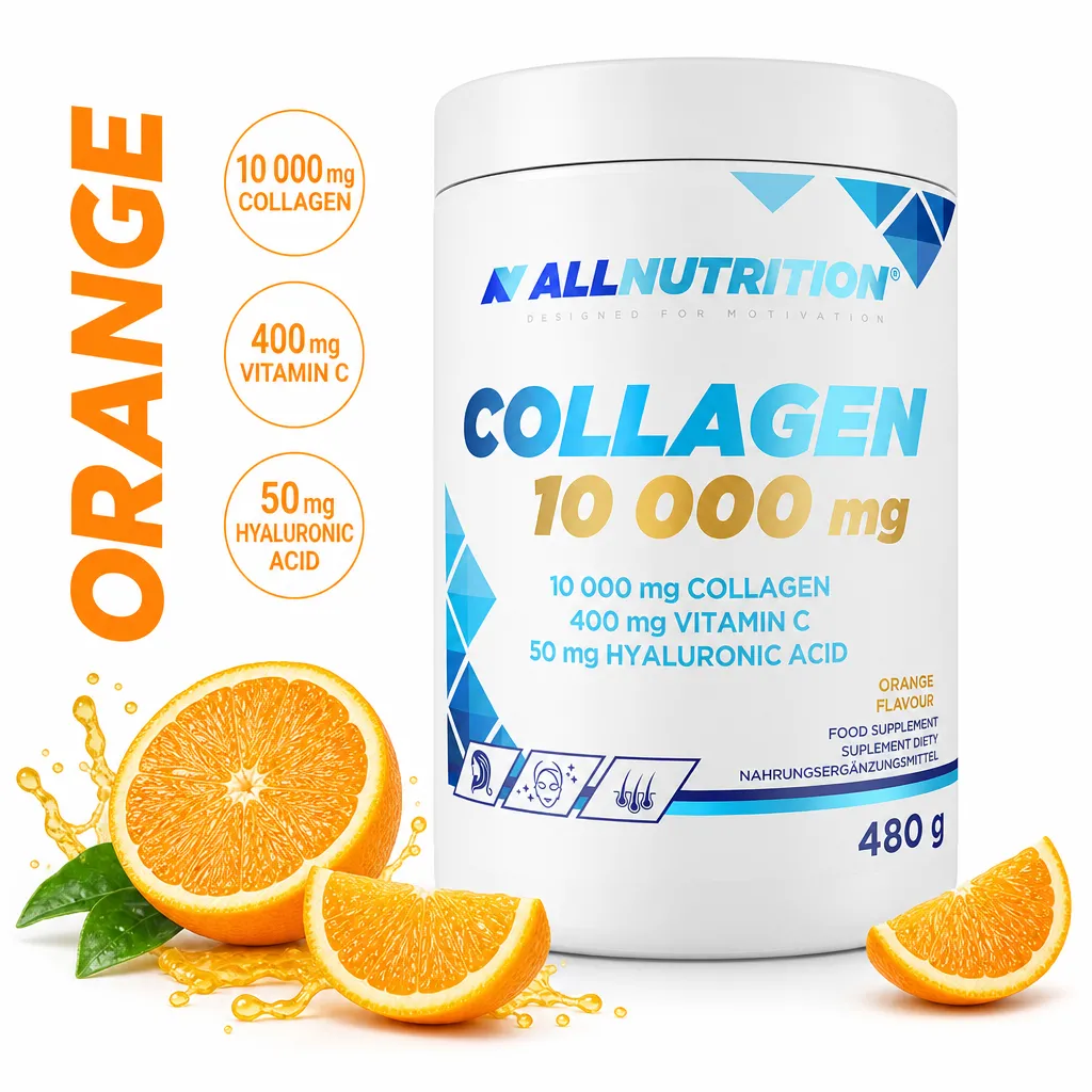 Allnutrition Collagen 10 000mg 480g orange-flavoured collagen powder with vitamin C and hyaluronic acid