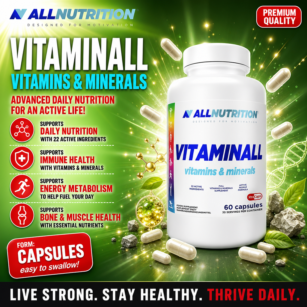 Allnutrition Vitaminall Vitamins & Minerals 60 capsules multivitamin supplement, supports daily nutrition, immune health, energy metabolism, and bone and muscle health, in capsule form, white bottle with blue and turquoise text.