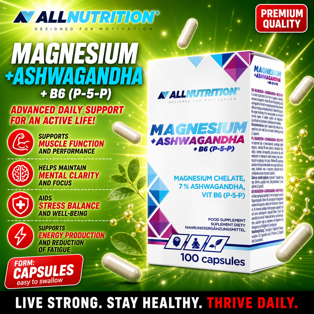 Allnutrition Magnesium + Ashwagandha + B6 (P-5-P) supplement, 100 capsules, with magnesium chelate, ashwagandha, and vitamin B6, designed for muscle function, mental clarity, and stress balance.