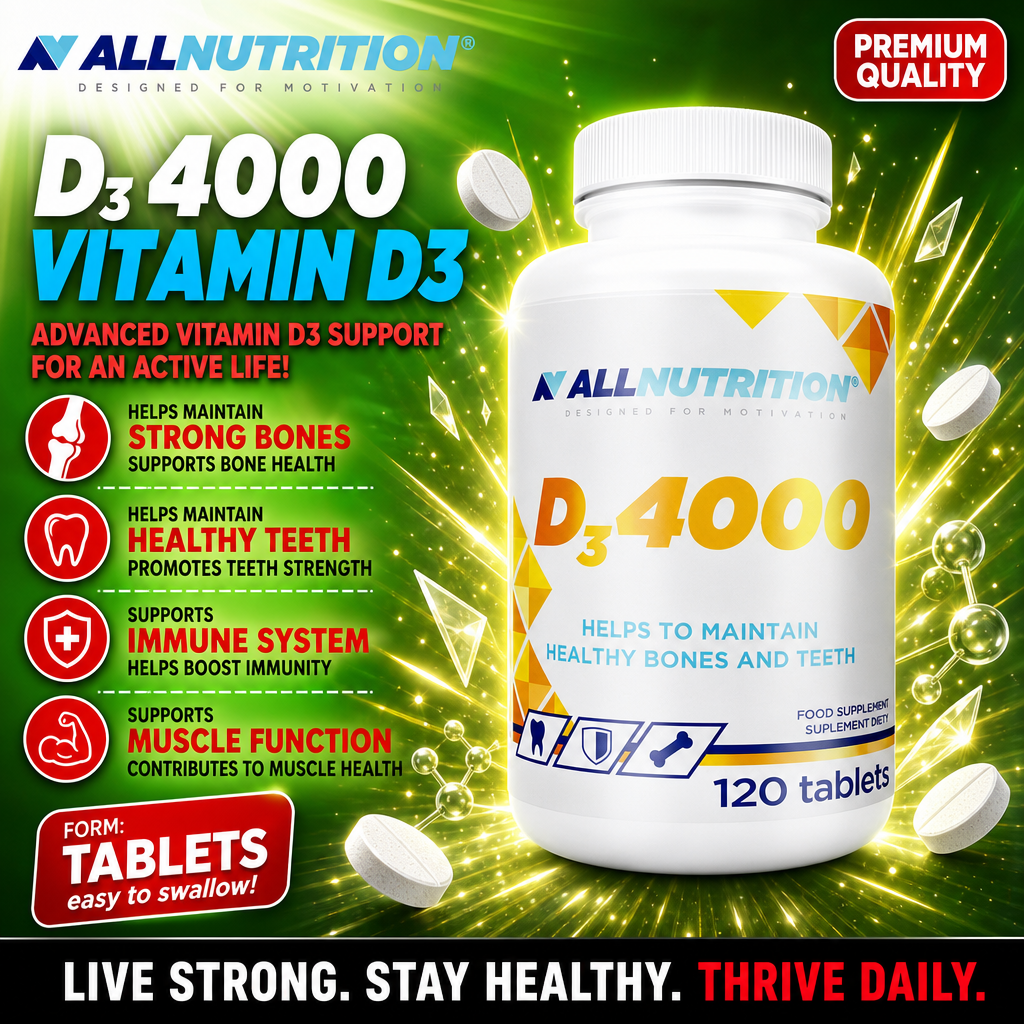 Allnutrition D3 4000 vitamin D3 supplement, 120 tablets, supports bone, teeth, immune system, and muscle function, white bottle with yellow and blue accents.