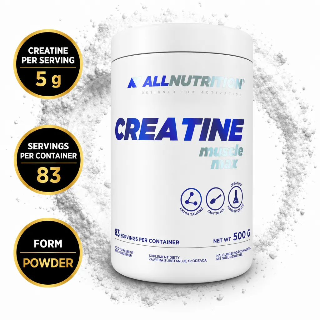 Allnutrition Creatine Muscle Max 500g micronized creatine monohydrate powder with taurine in a white 500 g tub