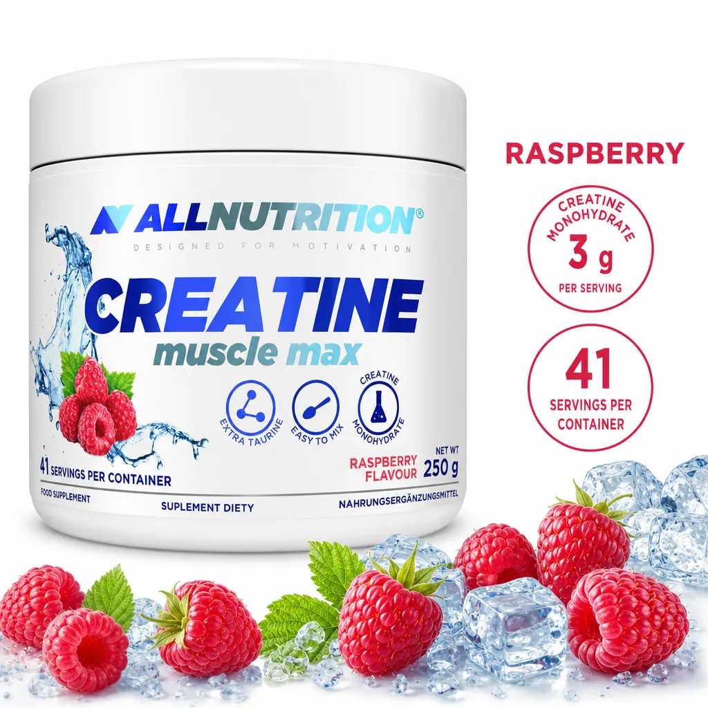 Allnutrition Creatine Muscle Max raspberry-flavour creatine monohydrate powder with taurine, 250g and 41 servings.