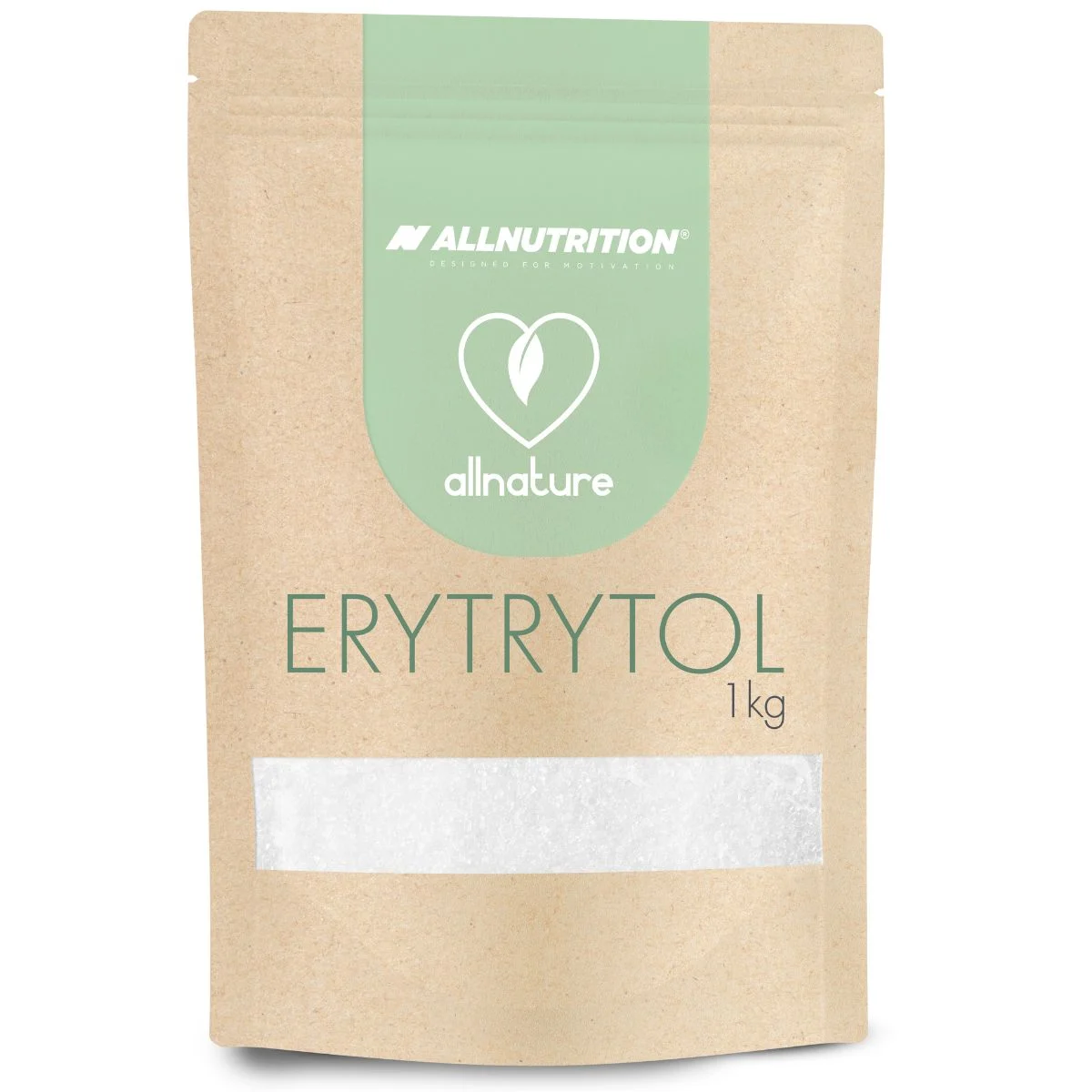 AllNutrition Erytrytol 1kg natural sweetener in a brown resealable pouch, suitable as a sugar substitute for baking and beverages.