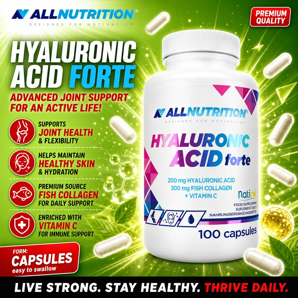 Allnutrition Hyaluronic Acid Forte 100 capsules, a dietary supplement with hyaluronic acid, fish collagen, and vitamin C for joint, skin, and immune support. White bottle with colorful label and green background.