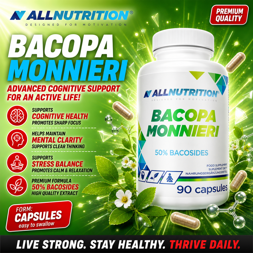 Allnutrition Bacopa Monnieri 90 capsules, a cognitive support supplement with 50% bacosides, in capsule form, featuring a green and white label design.