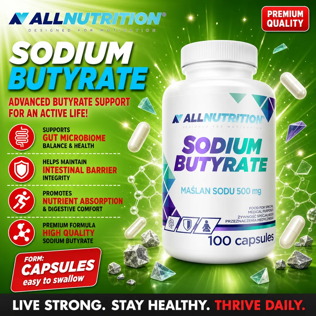 Allnutrition Sodium Butyrate 100 capsules, a dietary supplement in capsule form containing 500 mg sodium butyrate per serving, designed to support gut microbiome, intestinal barrier, and nutrient absorption. The packaging is predominantly white with blue 