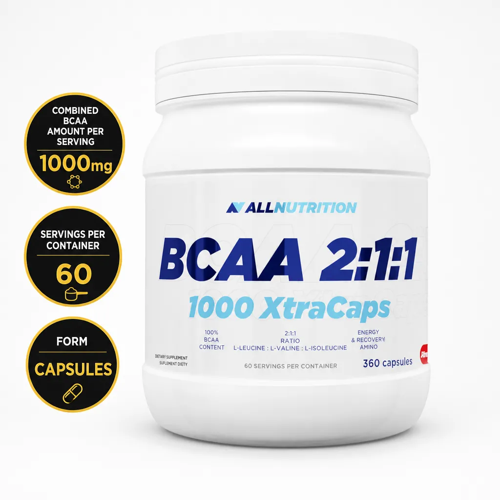Allnutrition BCAA 2:1:1 1000mg sports supplement in capsule form, 360 capsules with a 2:1:1 amino acid ratio