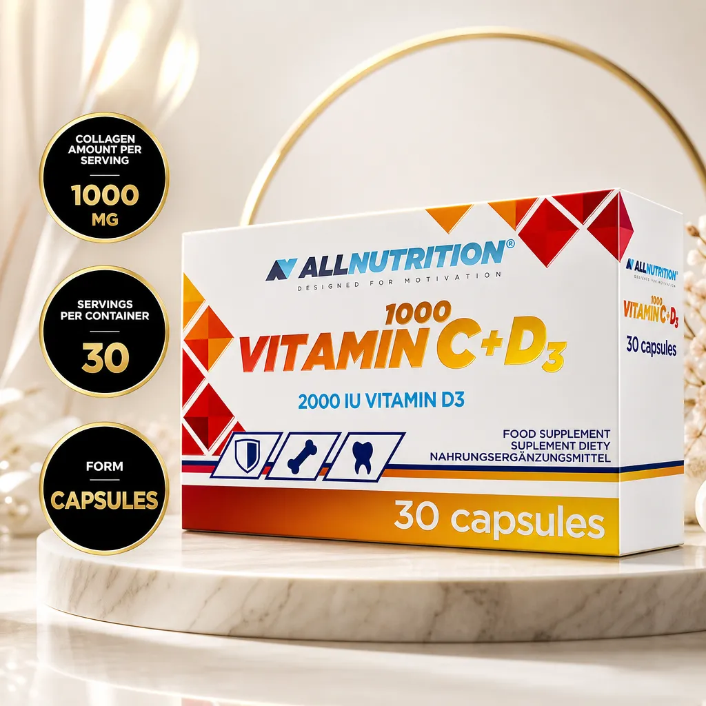 Allnutrition Vitamin C1000 + D3 dietary supplement capsules, 30-capsule pack with 1000 mg vitamin C and 2000 IU vitamin D3