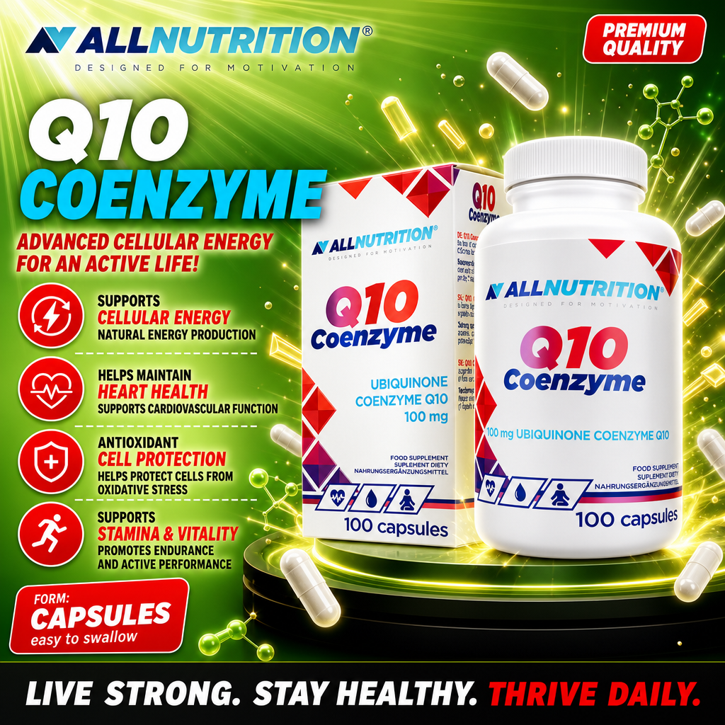 Allnutrition Q10 Coenzyme dietary supplement, 100 capsules, ubiquinone coenzyme Q10, 100 mg, for cellular energy and heart health, white bottle with blue and red accents.
