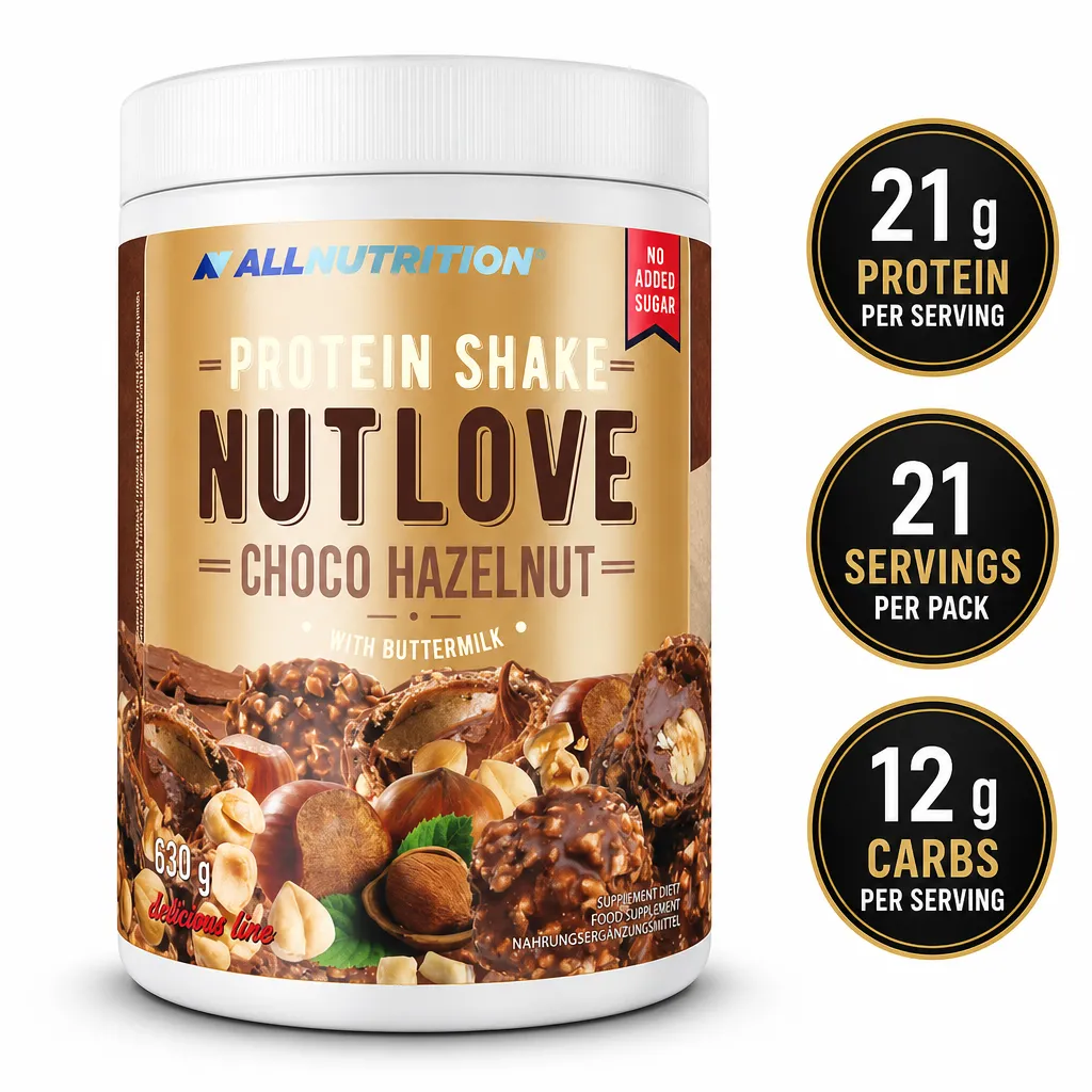 Allnutrition NUTLOVE Protein Shake 630g in Choco Hazelnut flavour, creamy powder supplement with 21g protein per serving