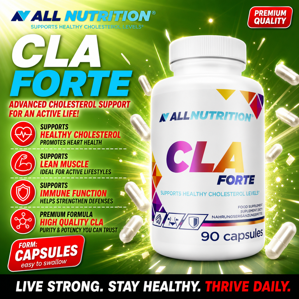 Allnutrition CLA Forte 90 capsules dietary supplement, supports healthy cholesterol levels, lean muscle, and immune function, in capsule form with a white bottle and colorful label.