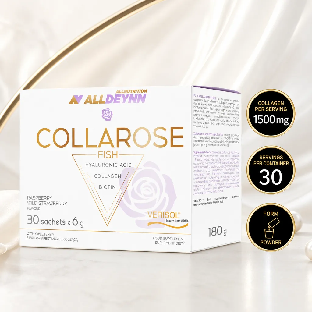 Allnutrition ALLDEYNN Collarose Fish collagen powder supplement, raspberry wild strawberry flavour, 30 sachets of 6g with hyaluronic acid and biotin