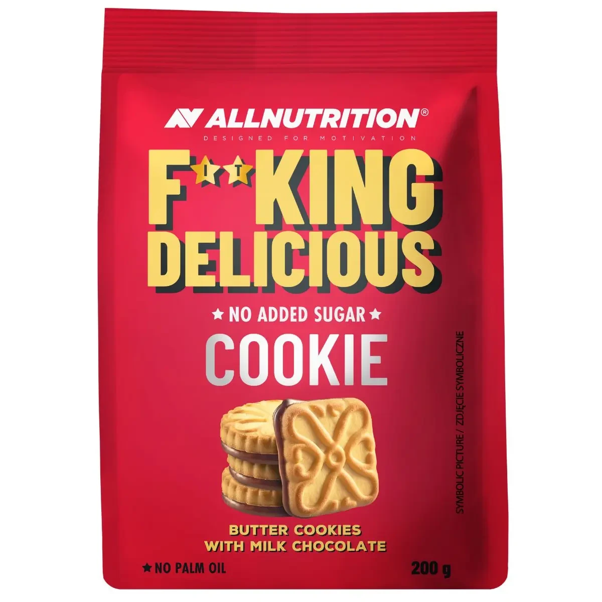 Allnutrition Fitking Delicious Butter Cookies with Milk Chocolate 200g, high-protein, no added sugar, butter cookies with a milk chocolate layer in a red resealable pouch.