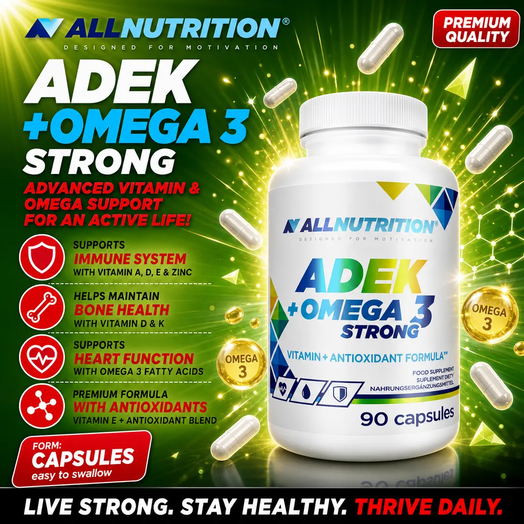 Allnutrition ADEK + Omega 3 Strong vitamin and antioxidant formula in 90 capsules, supports immune system, bone health, and heart function, premium quality supplement with omega 3 and vitamins A, D, E, K.