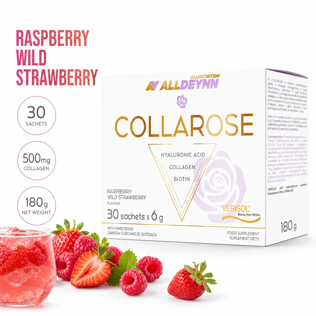 Allnutrition ALLDEYNN Collarose collagen supplement sachets, raspberry wild strawberry flavour, 6g x 30 sachets