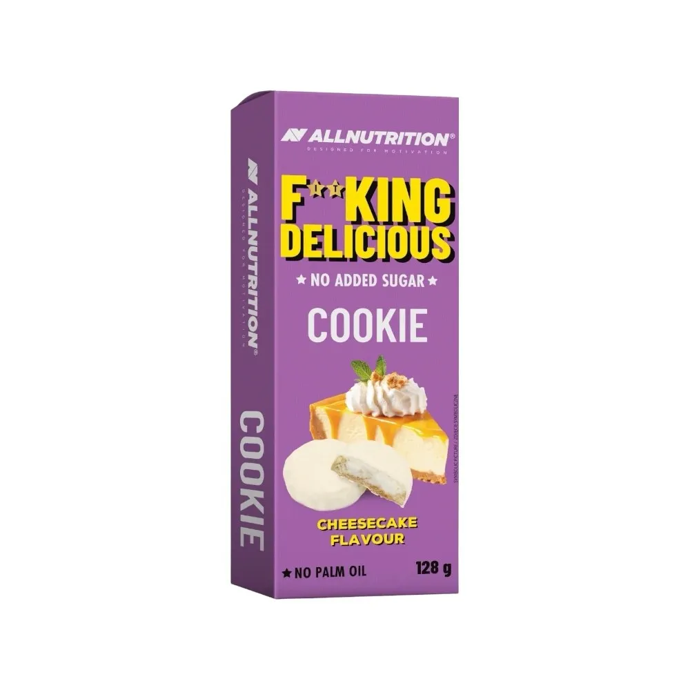 Allnutrition Fitking Delicious Cookie Cheesecake is a no added sugar, palm oil-free protein cookie in cheesecake flavour, packed in a 128g purple box.