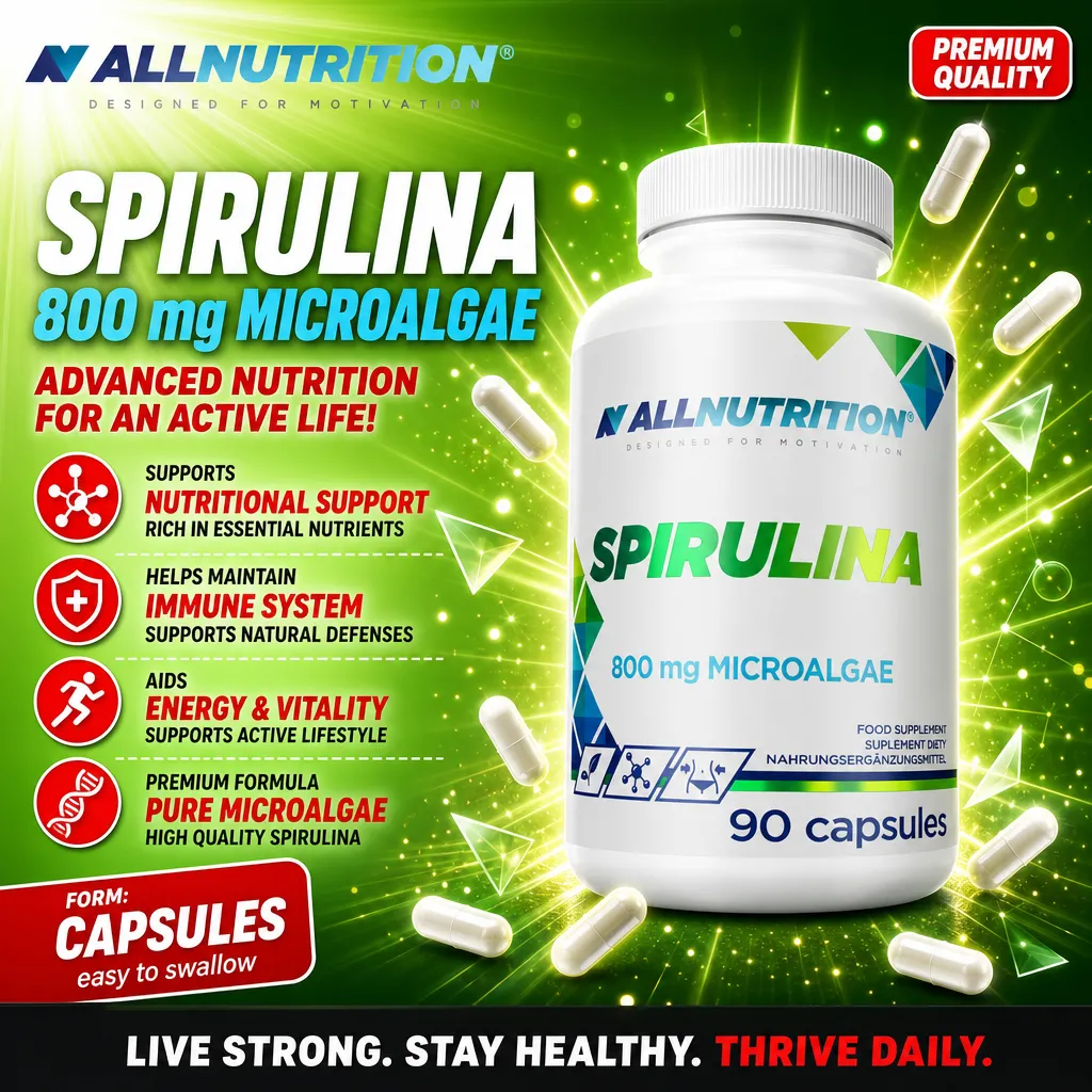 Allnutrition Spirulina 800mg Microalgae 90 capsules dietary supplement, featuring high quality spirulina in easy-to-swallow capsule form, with a green-themed label.