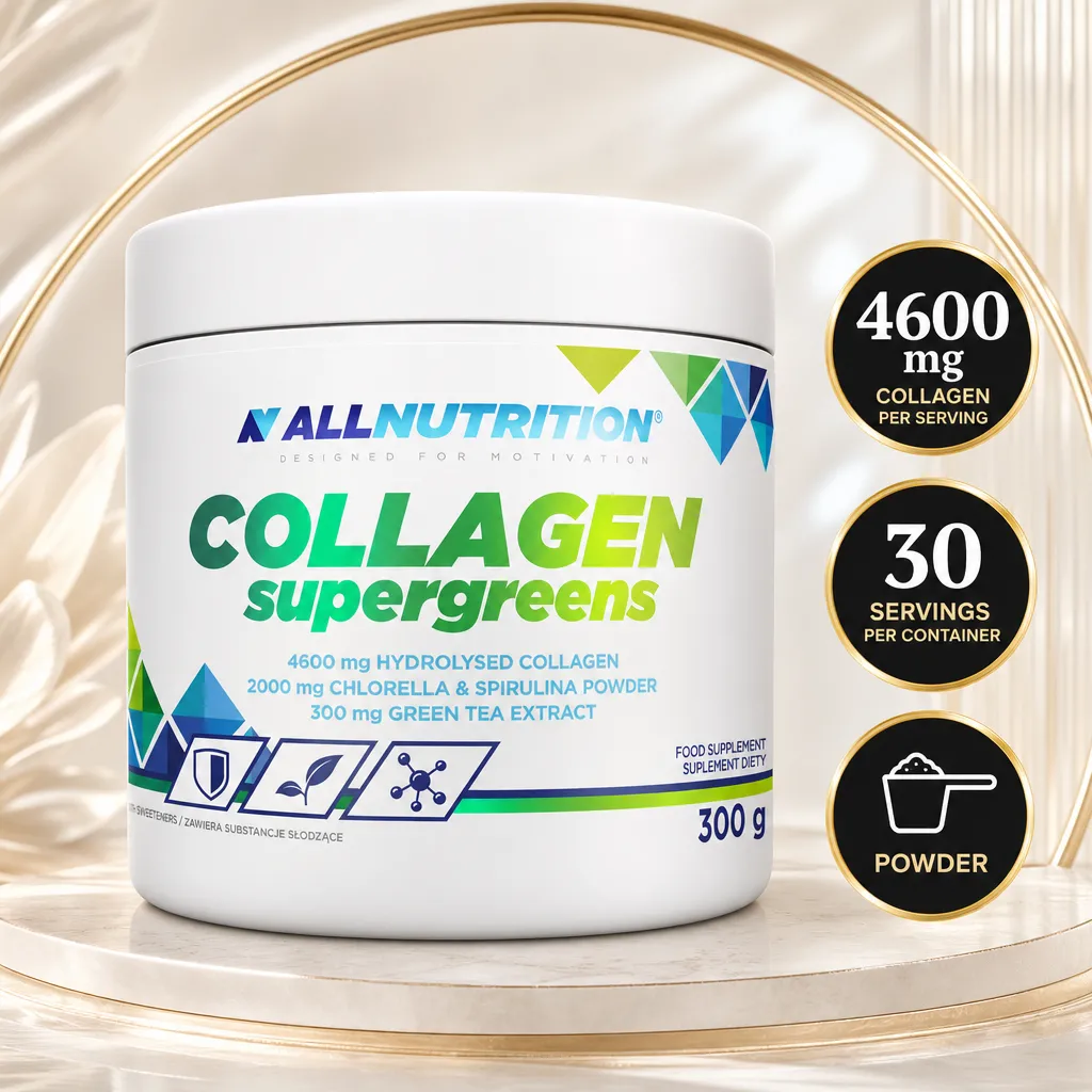 Allnutrition Collagen & Supergreens 300g powdered supplement with 4600 mg collagen per serving, chlorella and spirulina