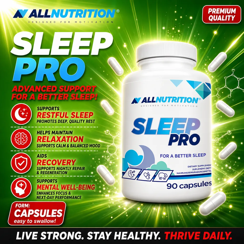 Allnutrition Sleep Pro 90 capsules dietary supplement for better sleep, supporting restful sleep, relaxation, recovery, and mental well-being, in capsule form with a white and blue label.