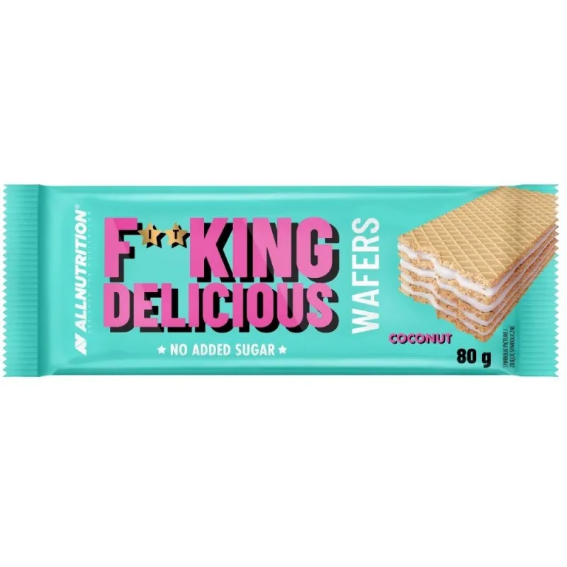 Allnutrition Fitking Delicious Wafers Coconut 80g, sugar-free crispy wafers with coconut cream filling, sweetened with erythritol, in turquoise packaging.