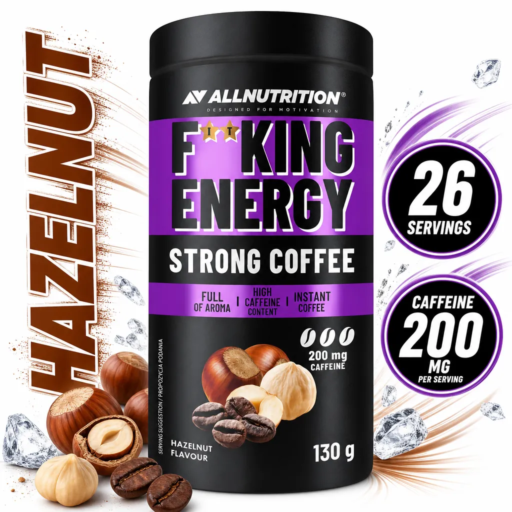 Allnutrition Fitking Energy Strong Coffee is an instant hazelnut-flavour coffee, 130g, with 200mg caffeine per serving.