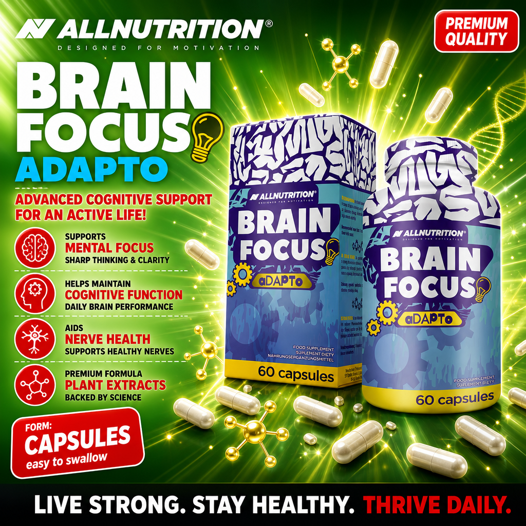 Allnutrition Brain Focus Adapto 60 capsules cognitive support supplement with plant extracts, designed to aid mental focus, cognitive function, and nerve health. Blue and yellow packaging.