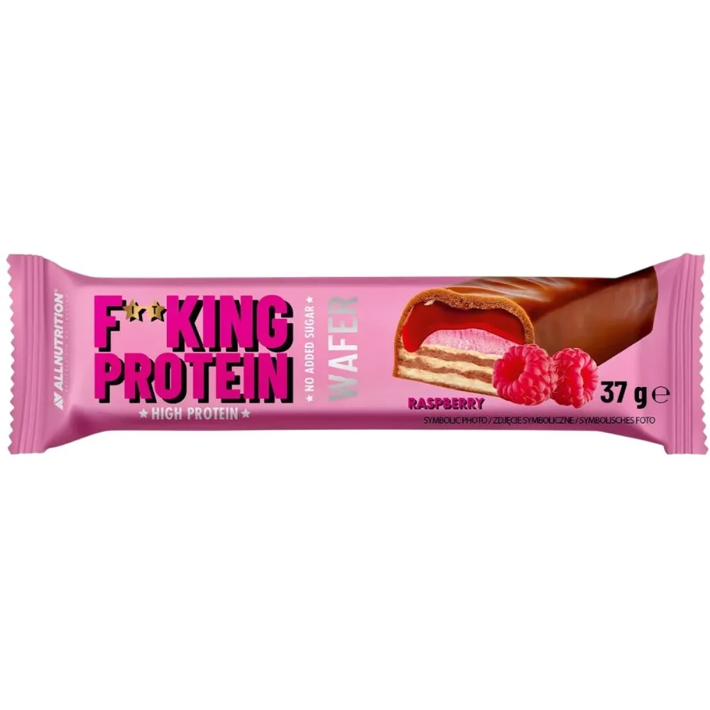 AllNutrition F**King Protein Wafer raspberry flavour, high protein, no added sugar, 37g bar in pink packaging with chocolate-coated wafer and raspberry filling.