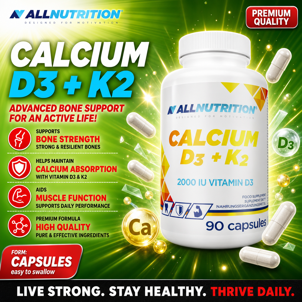 Allnutrition Calcium D3 + K2 90 capsules, a dietary supplement with vitamin D3 and K2 for bone strength and calcium absorption, in a white bottle with colorful accents.