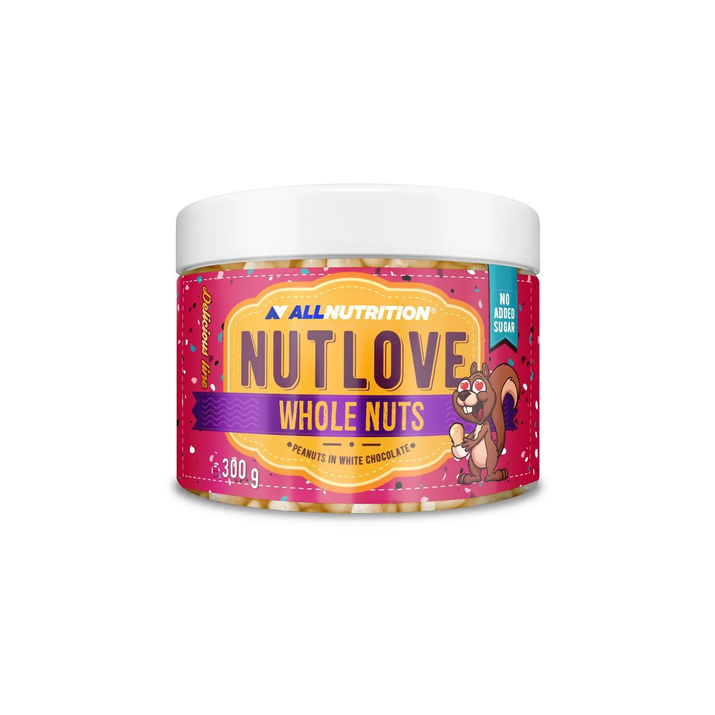 Allnutrition NUTLOVE Whole Nuts 300g Peanuts White Chocolate is a snack featuring whole roasted peanuts coated in white chocolate, sweetened with maltitol, in a clear plastic jar with a white lid.