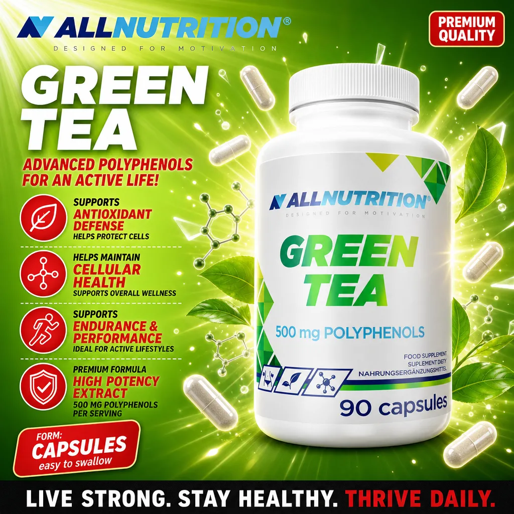 Allnutrition Green Tea 90 capsules, a dietary supplement with 500 mg polyphenols per serving, high potency green tea extract in capsule form, designed for antioxidant support and cellular health. Dominant green and white packaging.