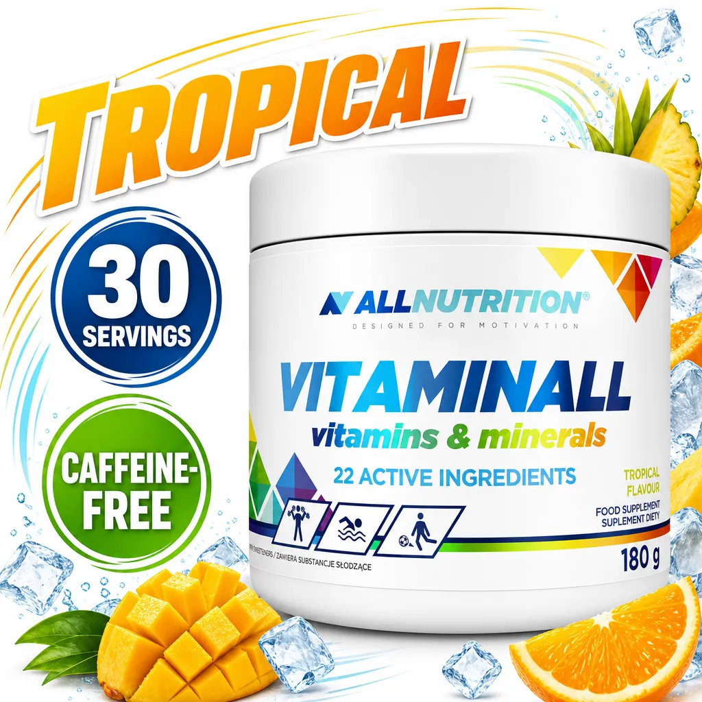 Allnutrition VitaminAll 180g tropical-flavour powdered multivitamin and mineral supplement in a white tub