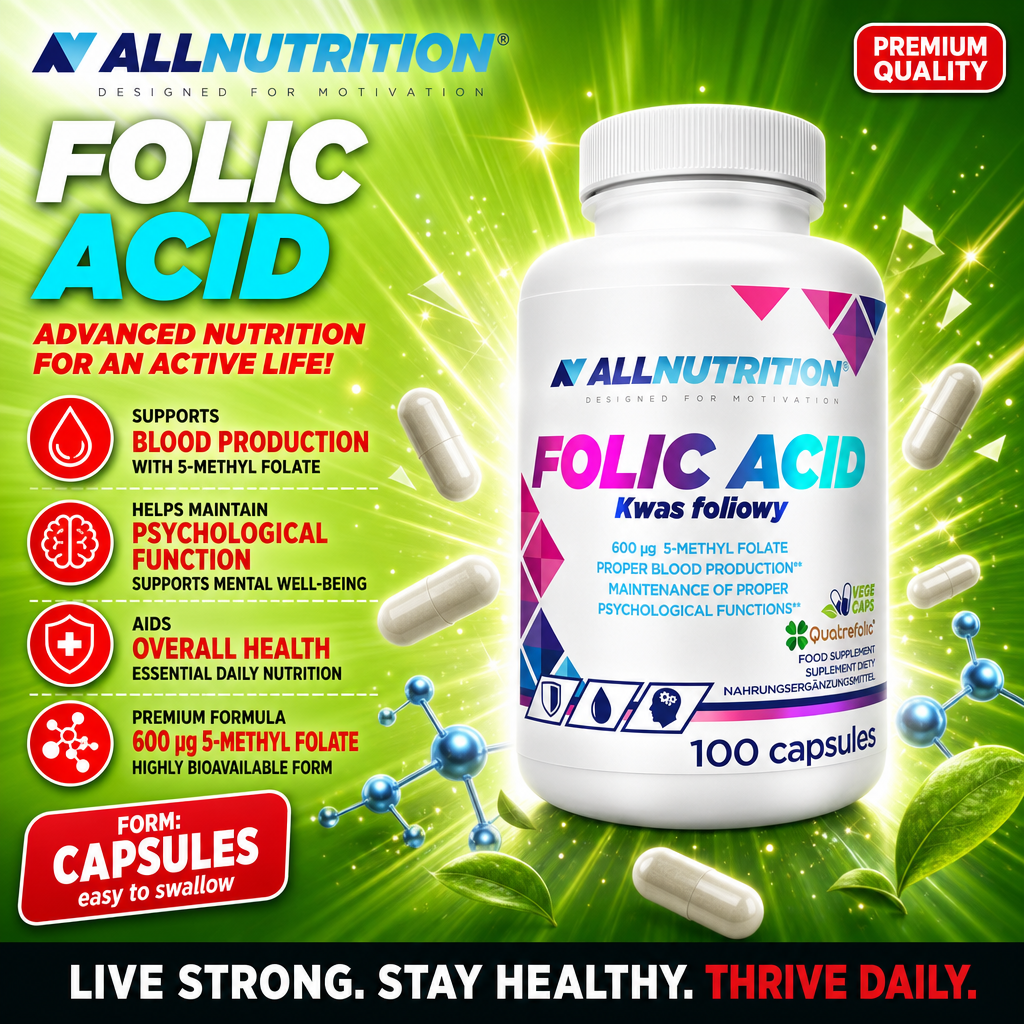 Allnutrition Folic Acid 100 capsules vege caps supplement with 600 mcg 5-methyl folate, supporting blood production, psychological function, and overall health. The packaging is predominantly white with blue and green accents.